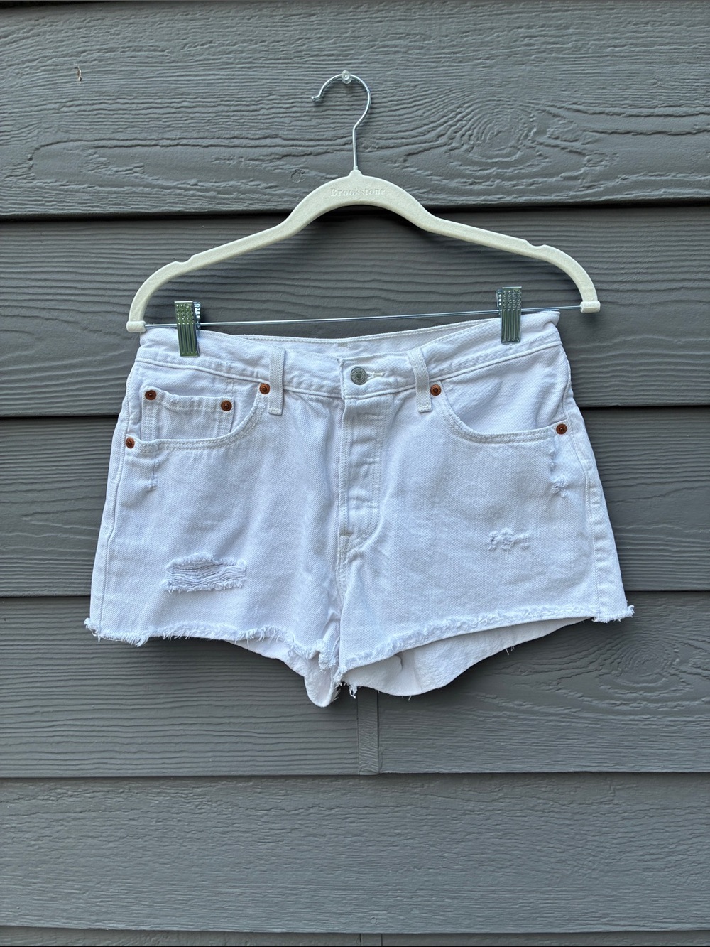 Levi's Coated 501 Original Fit, White Distressed Denim Cutoff Shorts